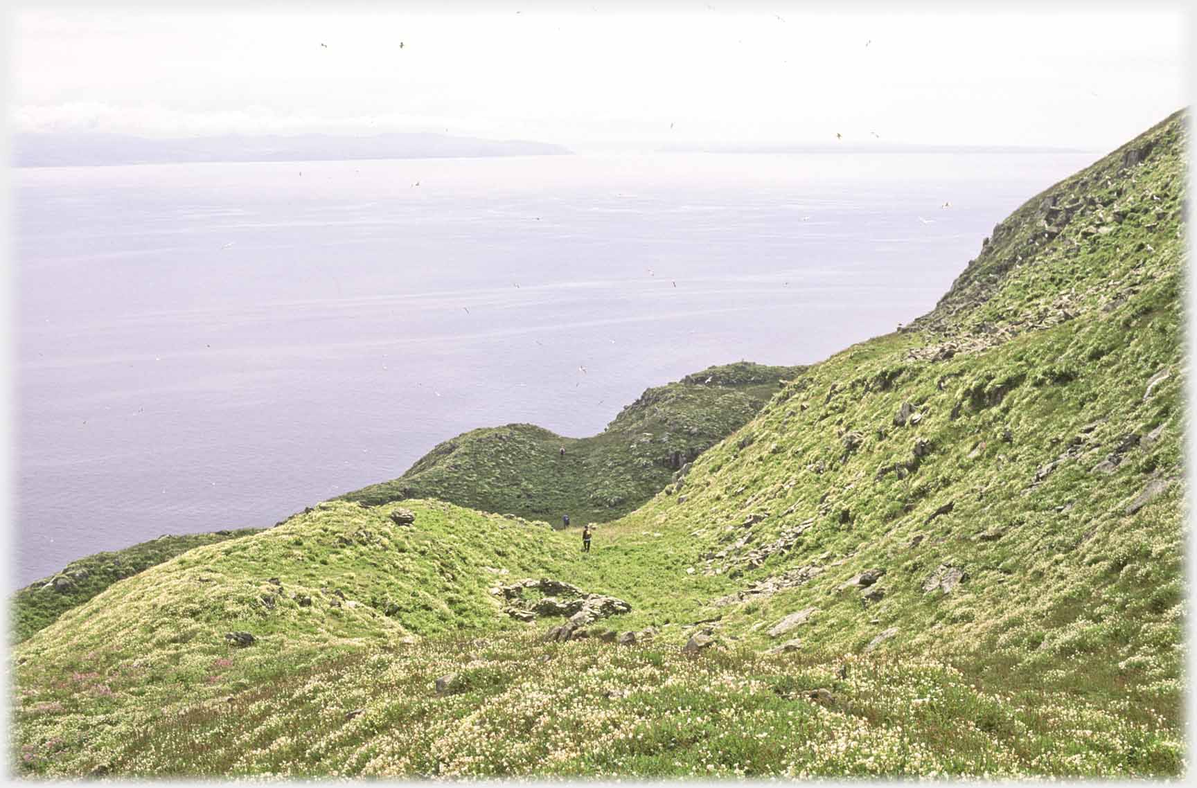 Path leading down hill with figure, distant land across sea.