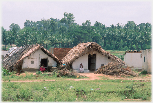 Two thatched houses each with person sitting at door.