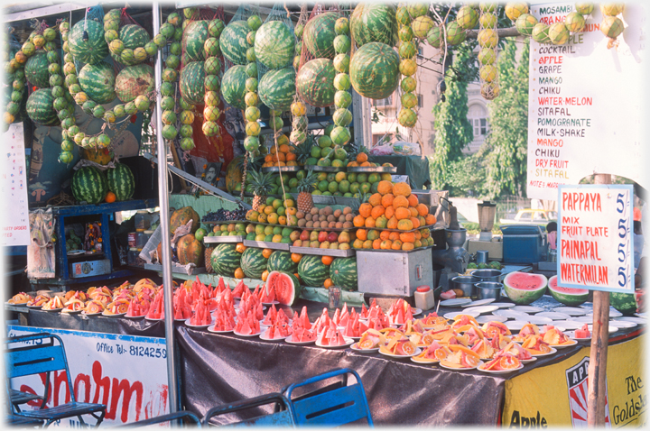 Fruit laid out on stall.