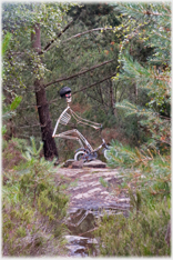 Skeletal cyclist construction in woods.