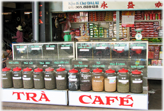 Stall with jars of coffee and tea.