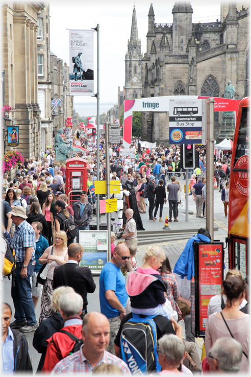 Looking down the High Street over the heads of thousands of people.