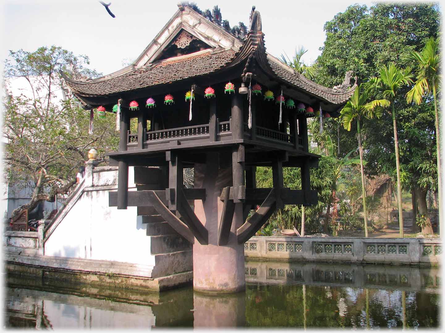 View of pagoda and steps in pool.
