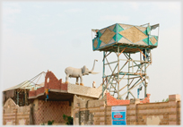 Elephant and water tower on house.