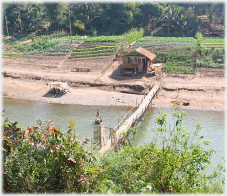 Footbridge with gate on it and house on far bank of the Nam Khan.