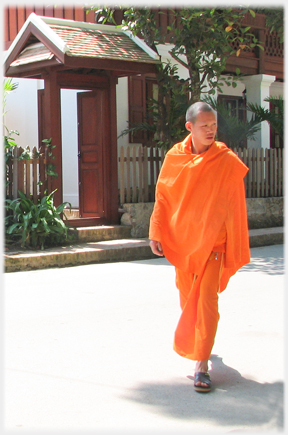 Monk walking on street, covered gate behind.