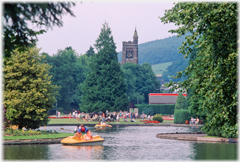 Boating pond and church.