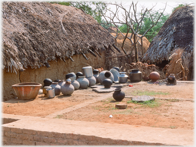 Kitchen utensils by a thatched house.