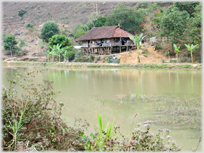 Large pan-tilled house on stilts by a river.
