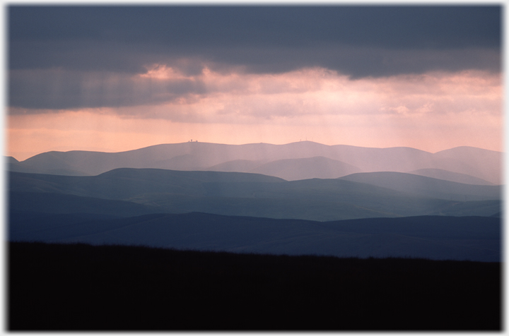 The view towards dusk from near the Devil's Beef Tub across towards Wanlackhead in southern Scotland.