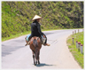 Man turning to look back on a horse.