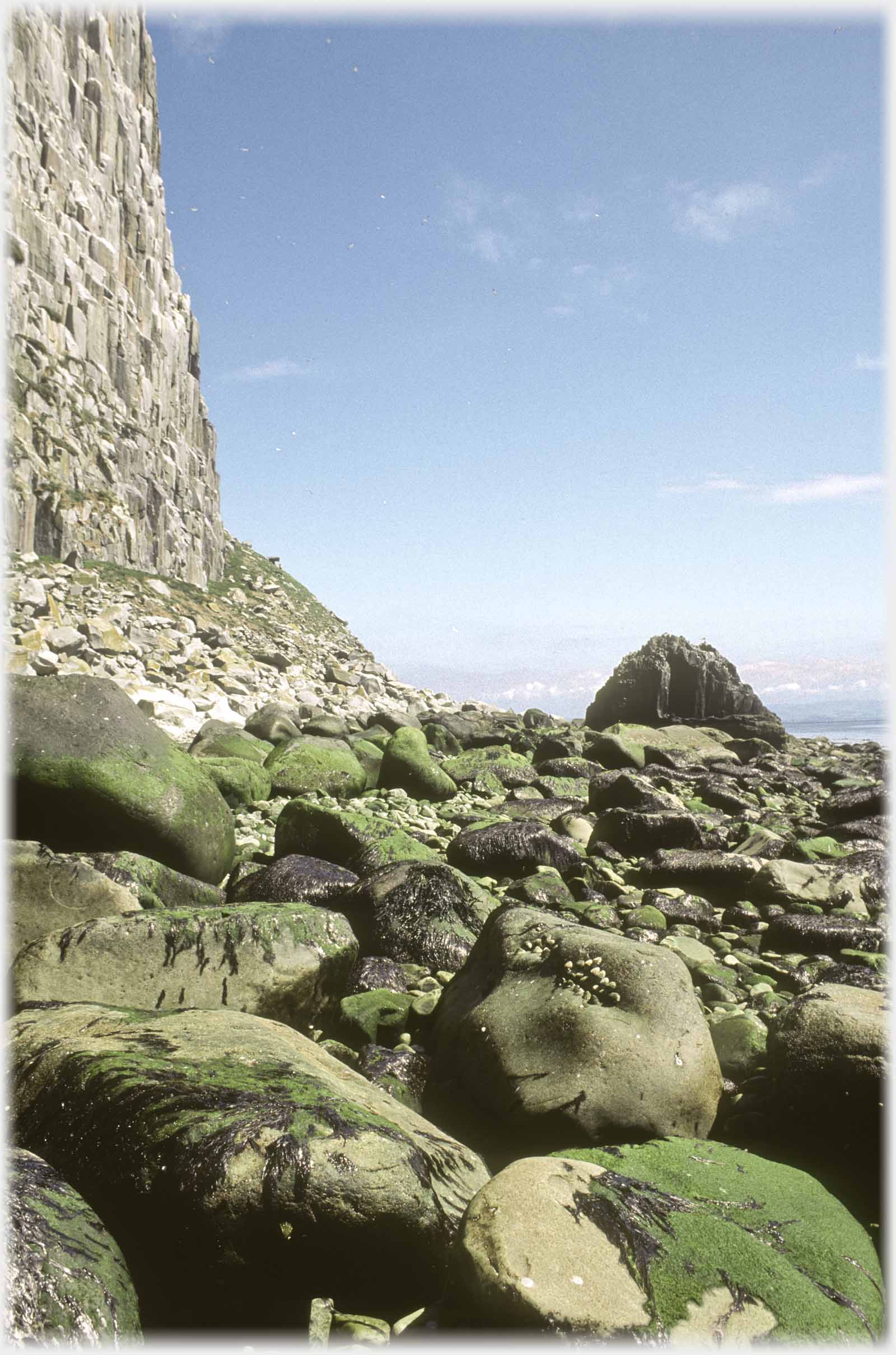 Boulders strewm below cliff.