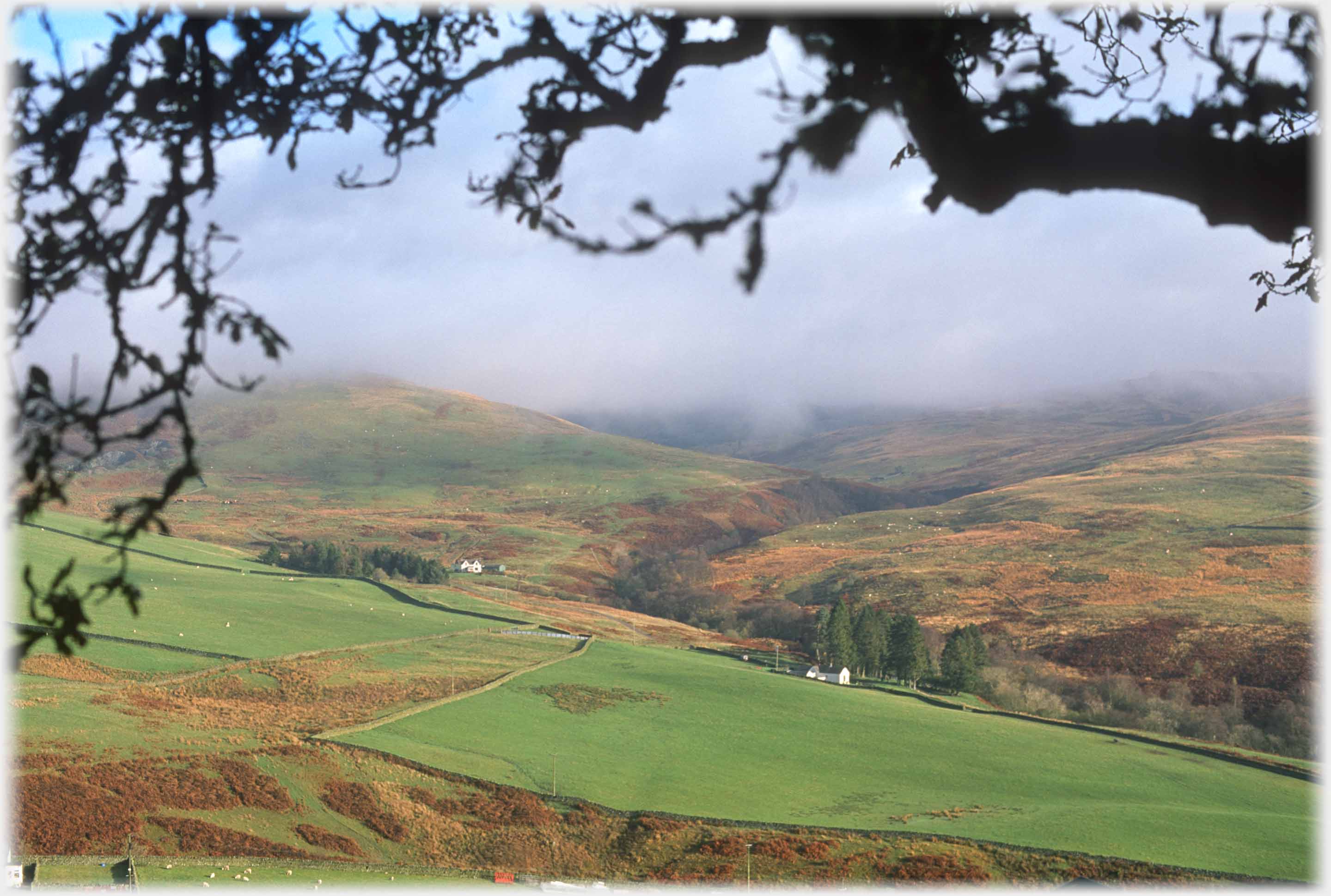 Large fields with two distant buildings and cloud down the autumnal hills behind.