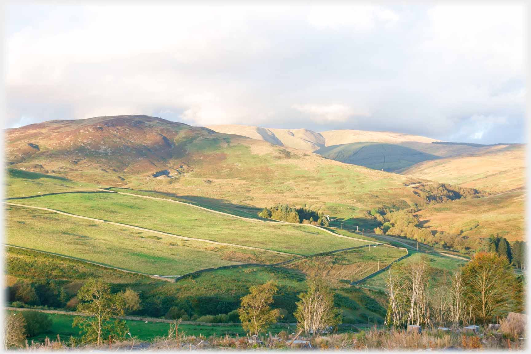 Hillside of shadows and fields.