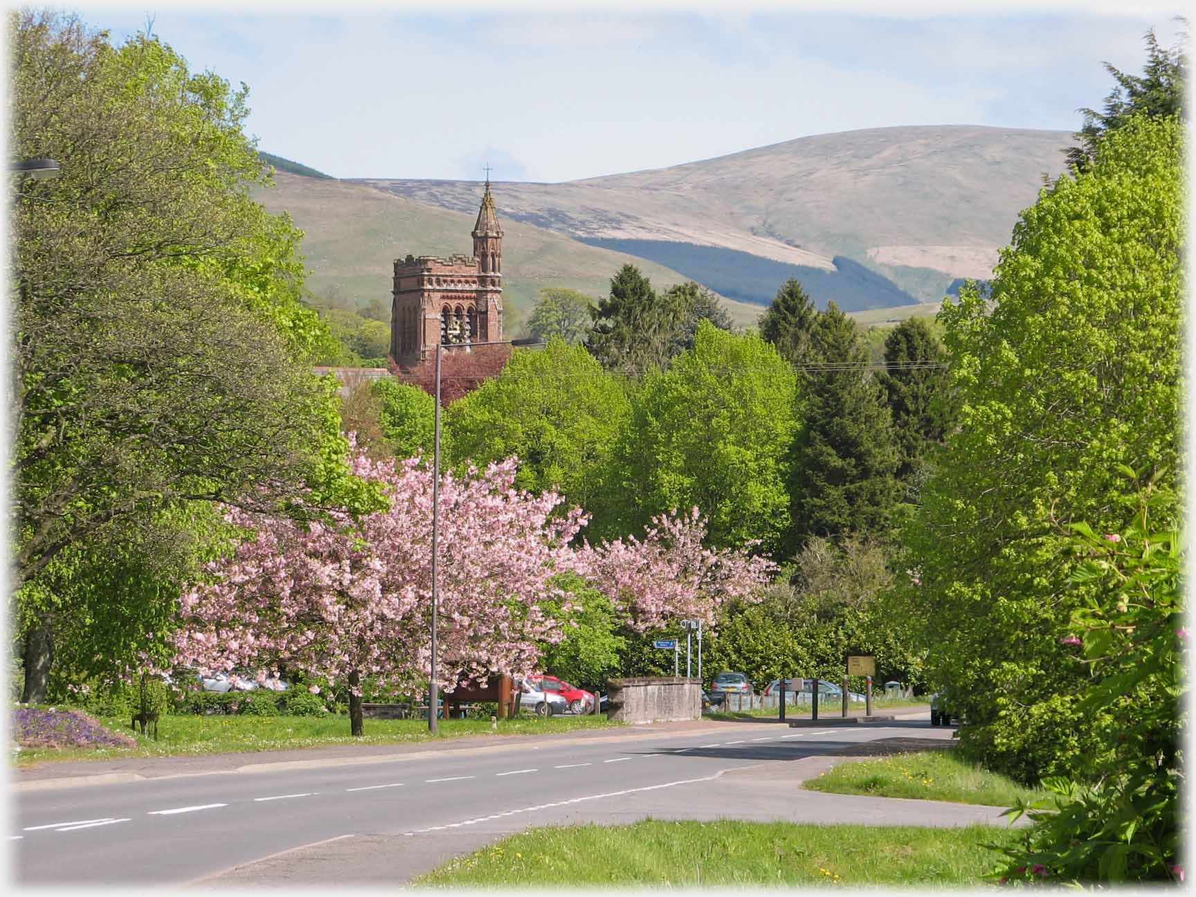 Church tower rising from trees by road, some with blossom, hill in background.