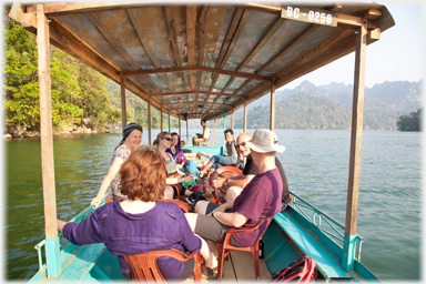 Group of visitors relaxing in launch on lake.