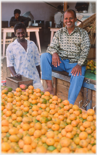 Two men beside their piles of fruit.