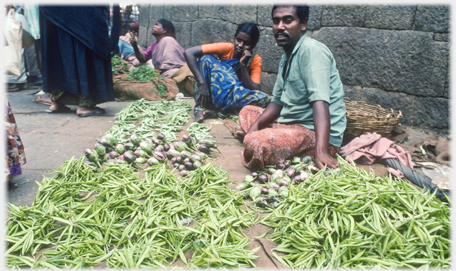 Man and woman on ground with their vegetables laid out.