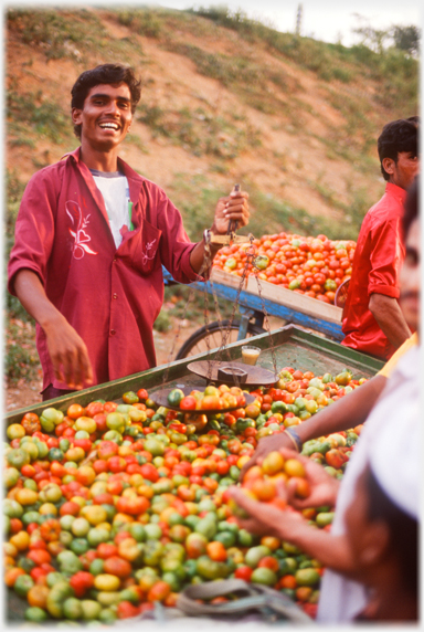 Man holding simple balance beside handcart of tomatoes.