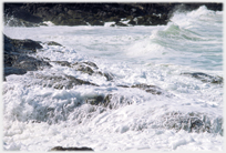 Waves forming foam on rocks.