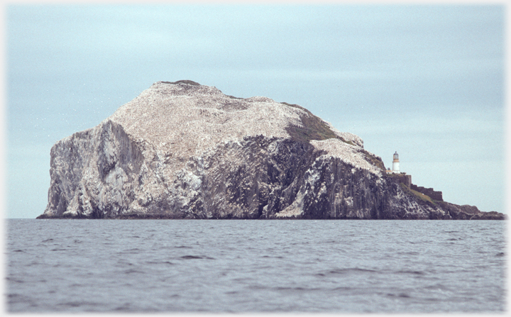 Rocky island with lighthouse in sea.
