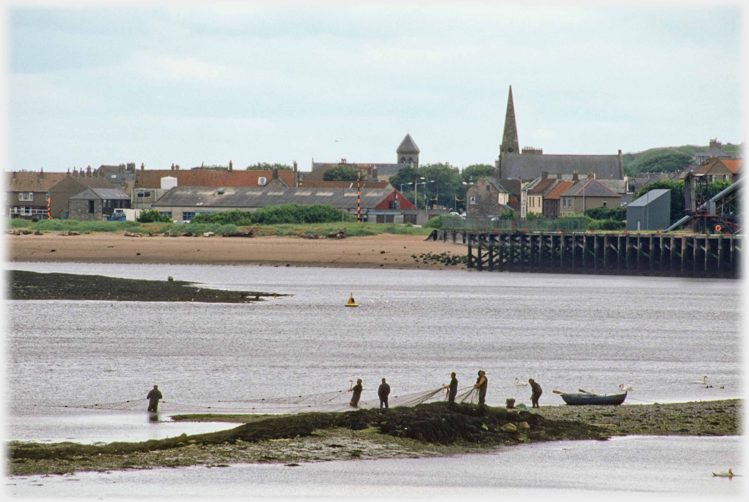 Line of men hauling in net, buildings of Spittal in background.