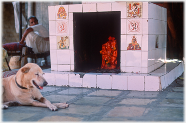 Dog and shrine.