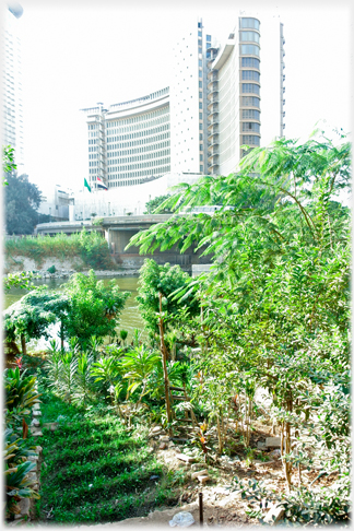 Hotel overshadowing riverside garden.