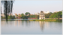 Monument on islet in centre of lake.