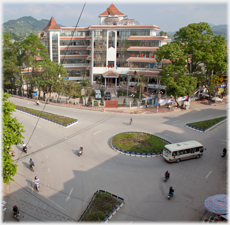Central area of Cao Bang City with Bang Giang Hotel.