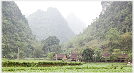 Village at the foot of large karsts.