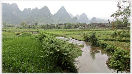 Flat valley with river and village.