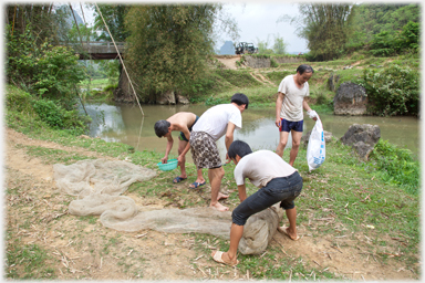 Net spread out on land and the fish removed.