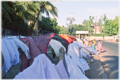 Lines of clothes billowing in the wind.