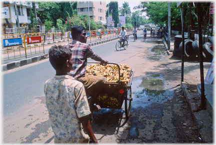 Tricycle carrier with a load of vegetables on a dual carriage-way.