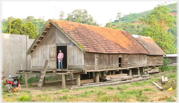 Long house with wooden walls and traditional ladder.