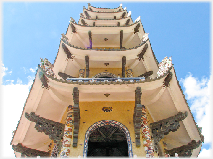 Looking vertically upwards under the bell tower, seeing the underside of the projecting roofs.