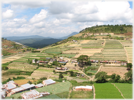 Terraced hillside with mountains beyond.