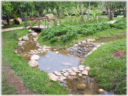 Water pools along stream with bridge.