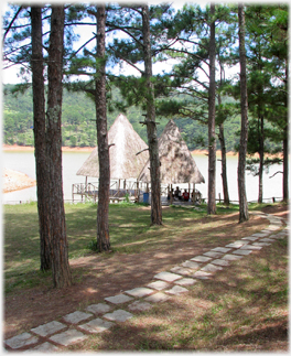 Looking between pine trees at two thatched waterside pavilions.