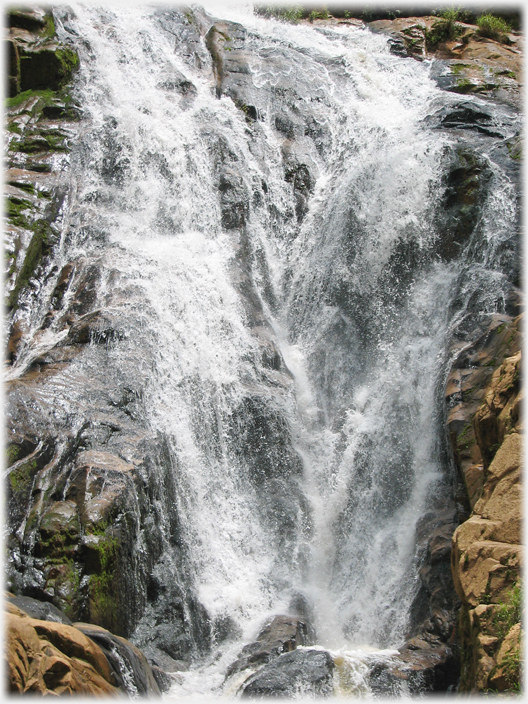 Close view of the water tumbling in the Tiger falls.