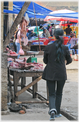 Butchers stall and woman.