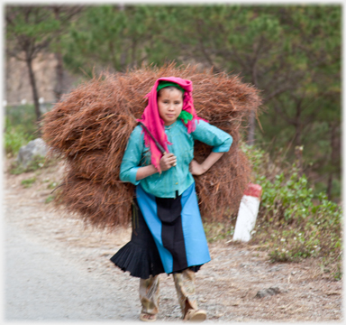 Woman carrying bale.