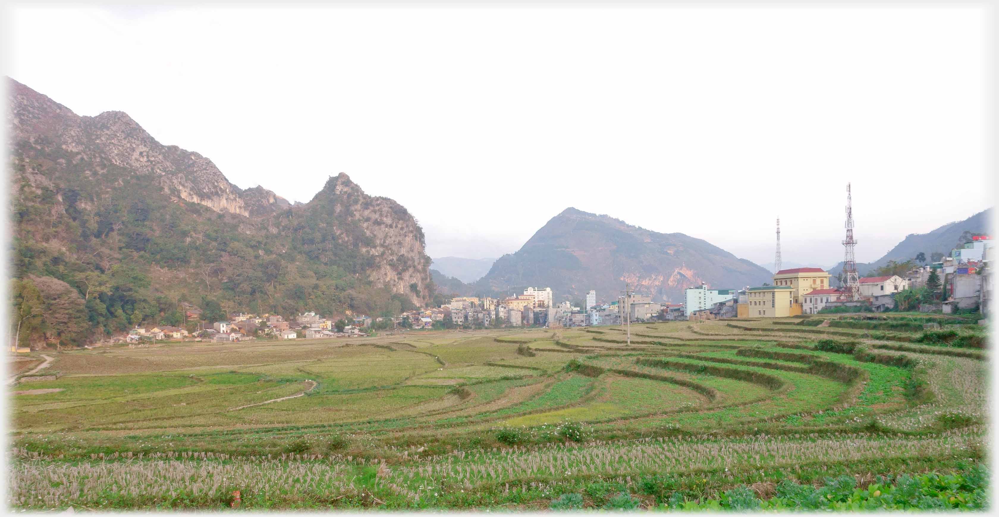 Foreground terracing with line of modern buildings backed by karst-type hills.