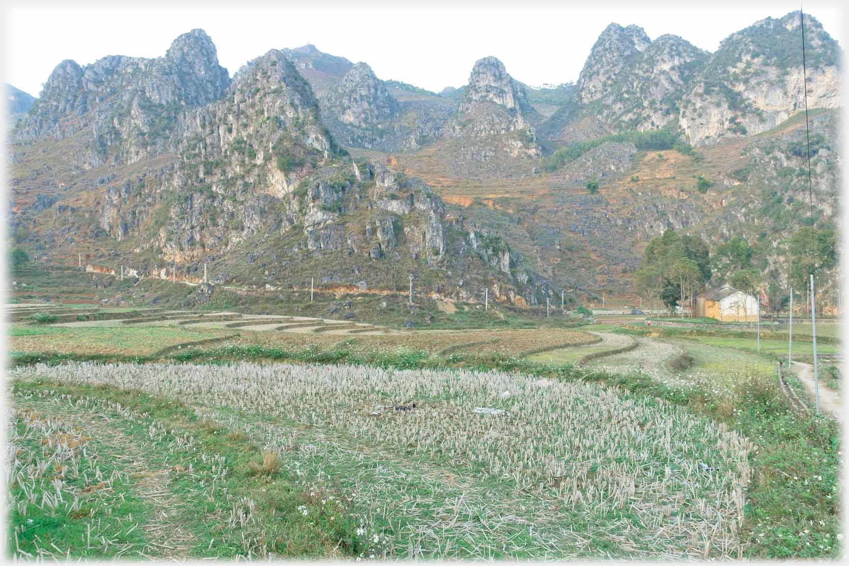 Stuble fields and distant house with karsts as background.