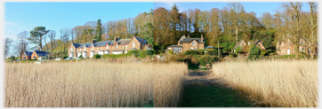Houses seen over reed beds.