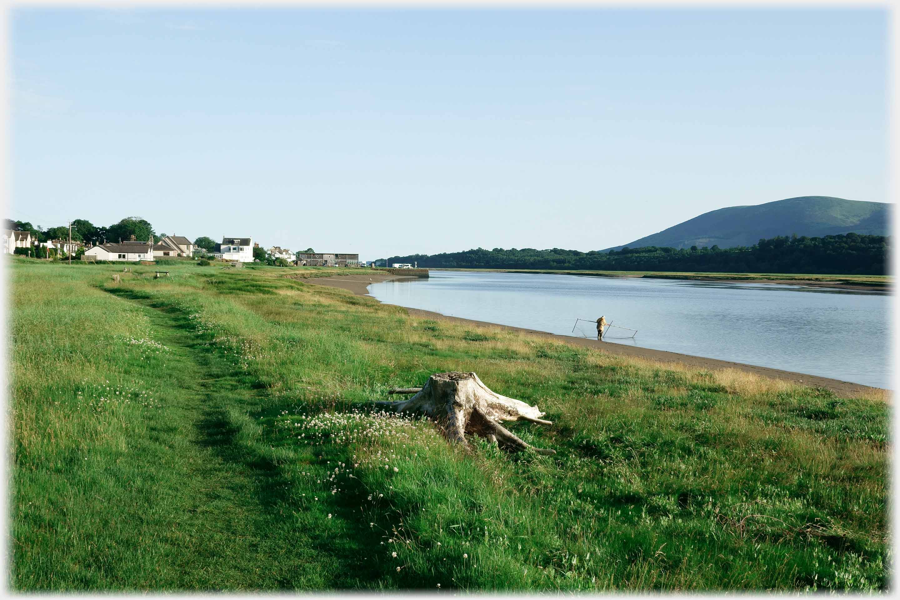 Tree root in foreground with village, pier, river and hill beyond.