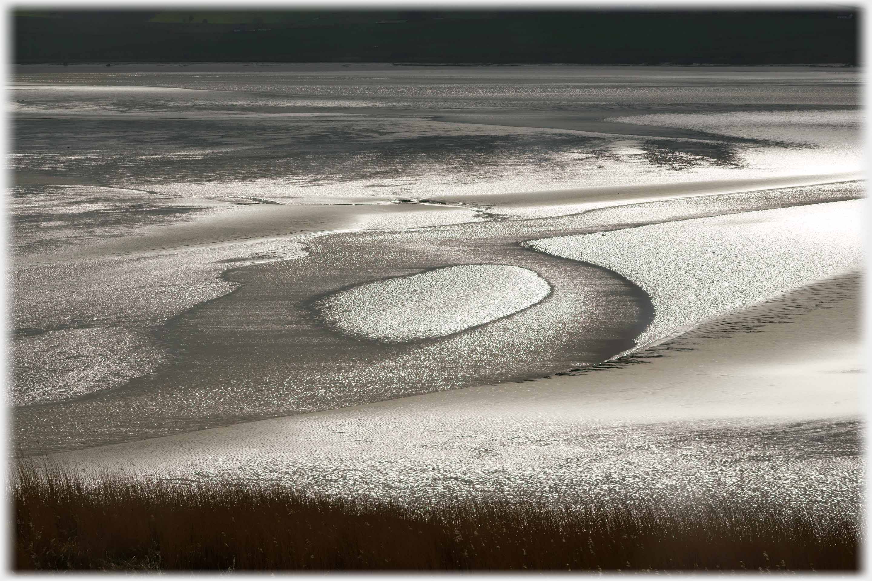 Patterns of light on water and mud.