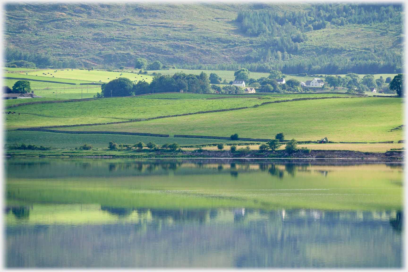 Group of houses and trees reflected in still water.