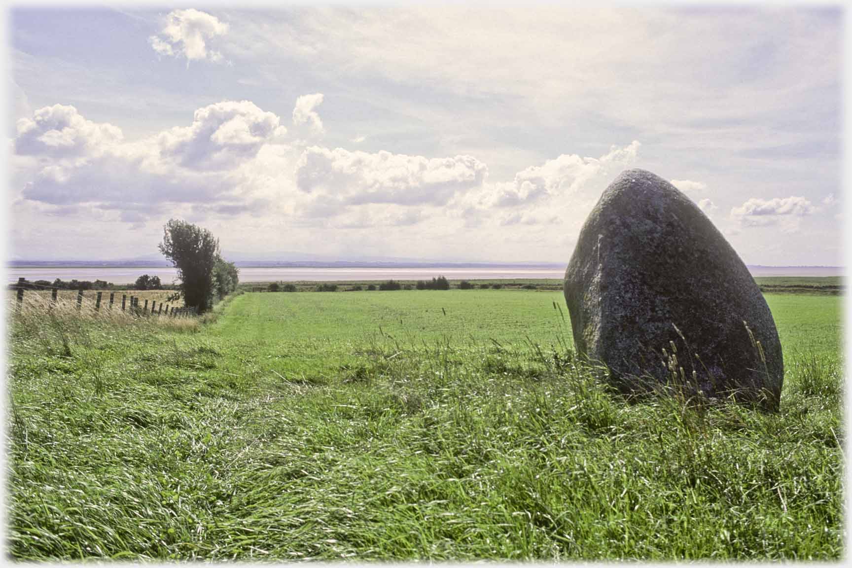 Large stone in field, sea beyond.